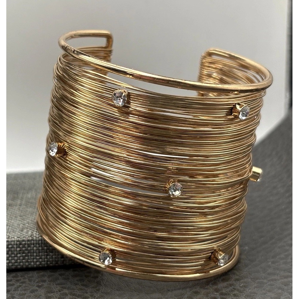 Wide Coiled Wire Cuff Bracelet Rhinestone Accents Statement Gold Tone 7"